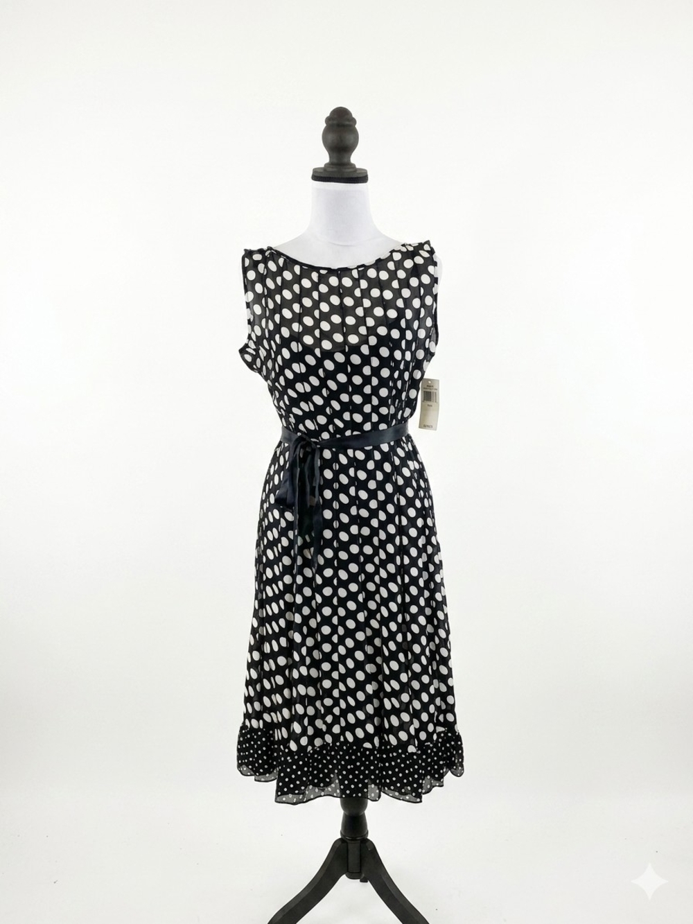 Sandra Darren Black and White Polka Dot Midi Dress with Waist Tie